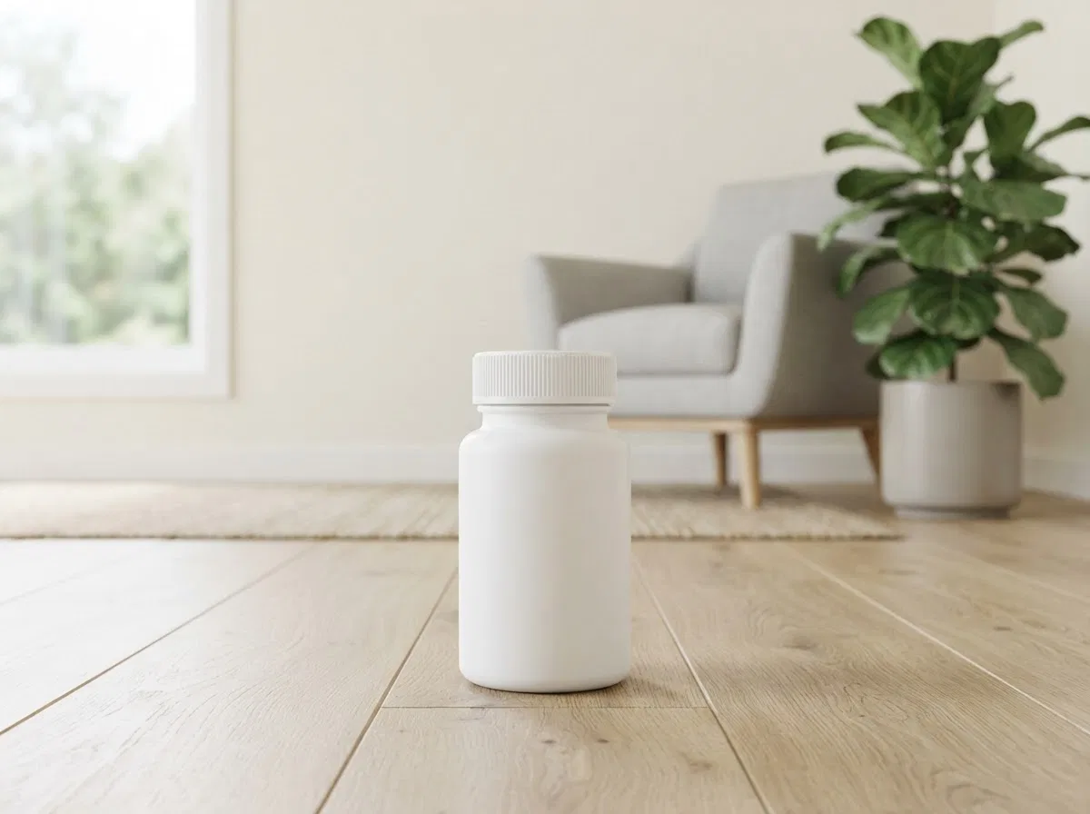 Novova workspace with supplement bottle and natural ingredients on desk