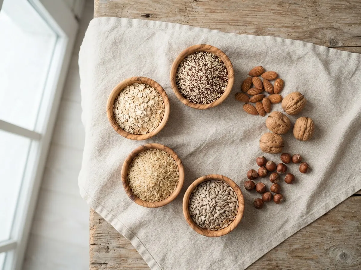 B-vitamin rich foods including grains, nuts, and leafy greens